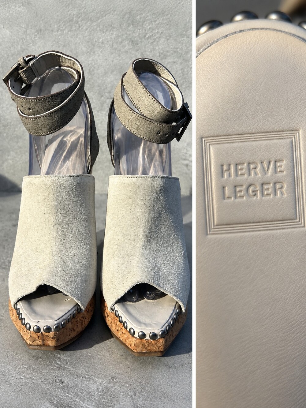 Hervé Léger Frida Suede Cork Platform Studded Heels Size 9
